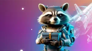 Изображение енота в солнечных очках с скипетром, празднующего с воздушными шарами и золотыми монетами, символизирующее приветственный бонус в Казино Lucky Bird.